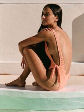 Free People Pamela Cheeky Coverage Textured Pull-on Swimsuit Orange Peach Size S